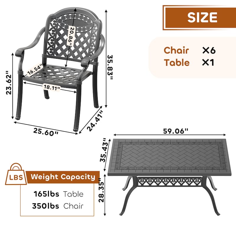 5/7-Piece Cast Aluminum Outdoor Dining Set with 59.06'' L X 35.43'' W Rectangular Table and Random Color Seat Cushions