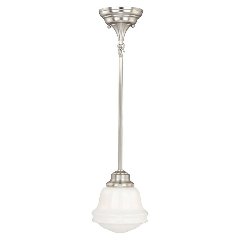 Huntley Satin Nickel Farmhouse Schoolhouse Mini Pendant Ceiling Light White Glass - 6.25-in W x 15-in H x 6.25-in D