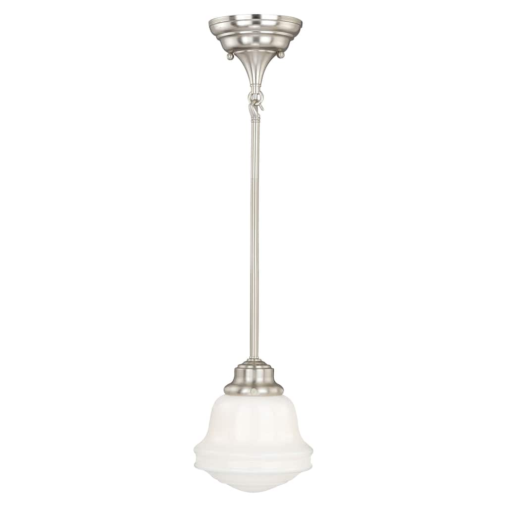 Huntley Satin Nickel Farmhouse Schoolhouse Mini Pendant Ceiling Light White Glass - 6.25-in W x 15-in H x 6.25-in D