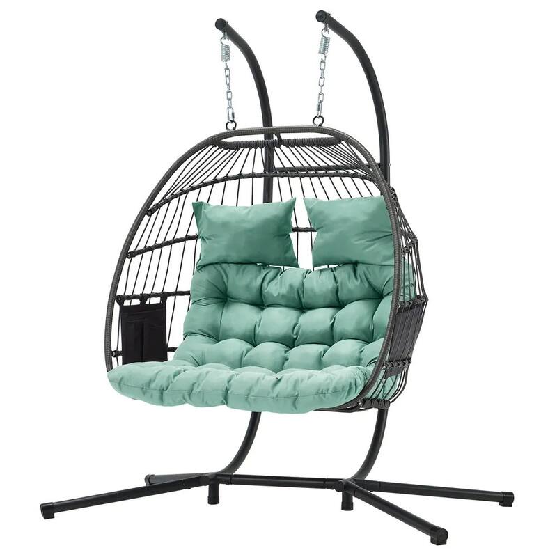 EROMMY Hanging Egg Chair with Stand, Portable Indoor/Outdoor Swinging Chair Featuring Cushion and Pillow, Wicker Swing,Blue