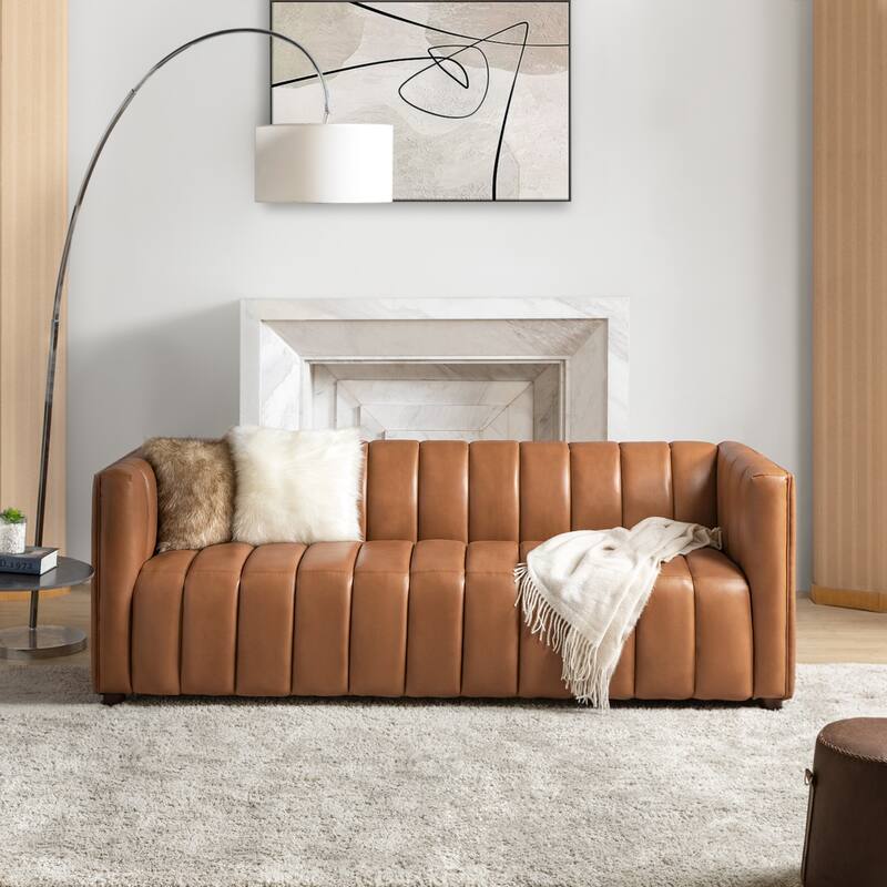 Olinto Modern 83''W Genuine Leather Tufted Couch Sofa with Channel Back and Solid Wood Legs by HULALA HOME