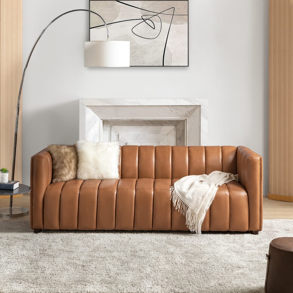 Olinto Modern 83''W Genuine Leather Tufted Couch Sofa with Channel Back and Solid Wood Legs by HULALA HOME