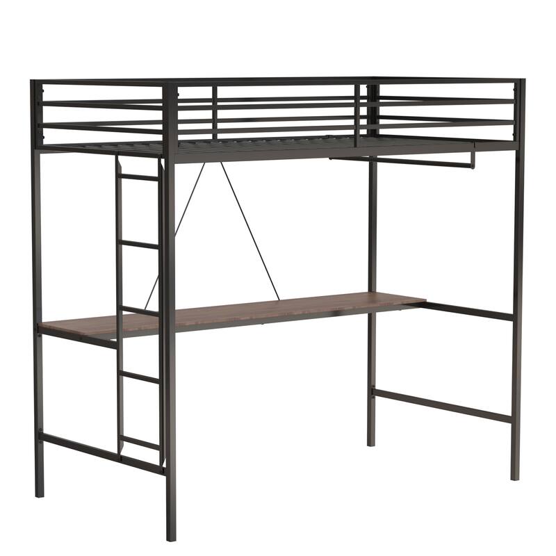 CUSchoice Twin Loft Bunk Black with Cinnamon Wood Desk and Closet Rod