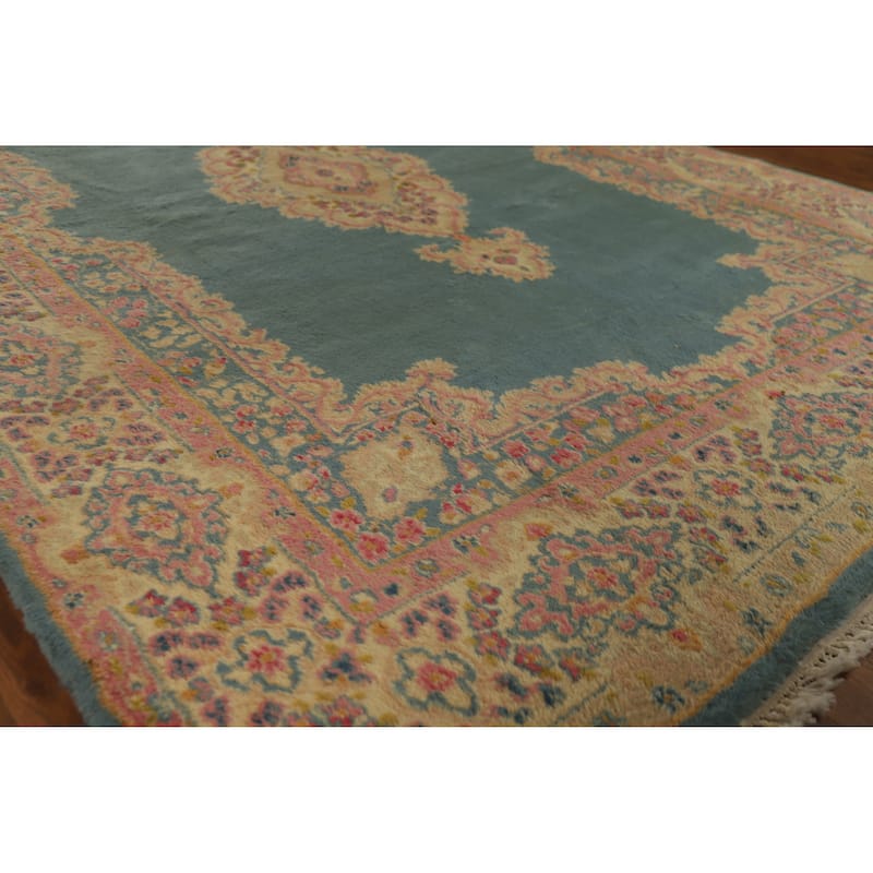 Hand Knotted Oriental 100% Wool Carpet Traditional Medallion Navy Blue & Blues Kerman Area Rug - 8' 9'' X 5' 10''