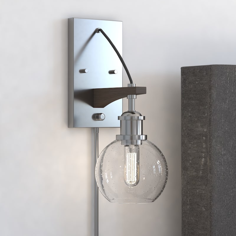 Avondale 6-in Satin Nickel and Wood Farmhouse Plug In Wall Sconce Reading Light, Clear Seed Glass Globe, On/Off Switch - Satin Nickel and Dark Sycamore - 6-in W x 15.5-in H x 8.5-in D