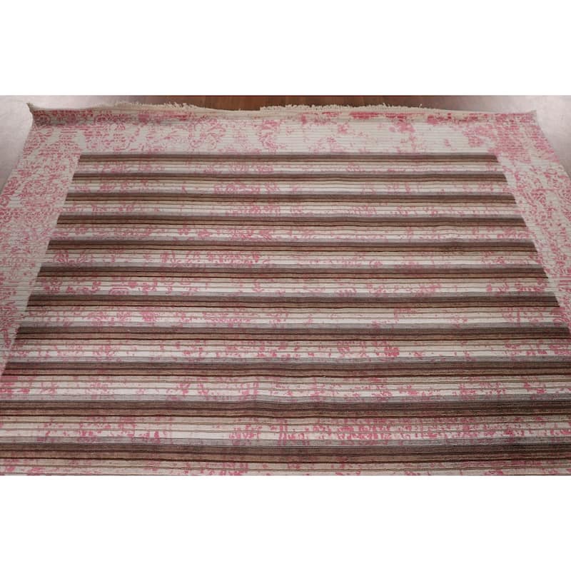 Striped Pink Abstract Area Rug Hand-Knotted Modern Wool Carpet - 6'6"x 9'0"