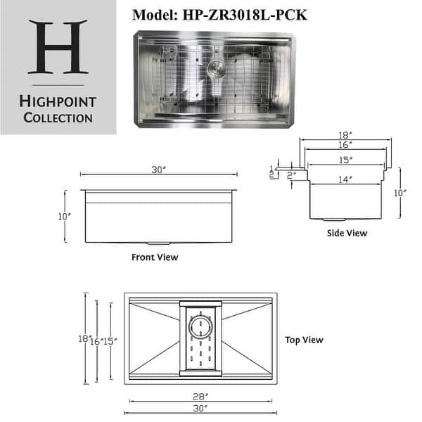 Highpoint Collection 30" Zero-Radius Workstation Undermount Stainless Steel Kitchen Sink - 30" x 18" x 10"