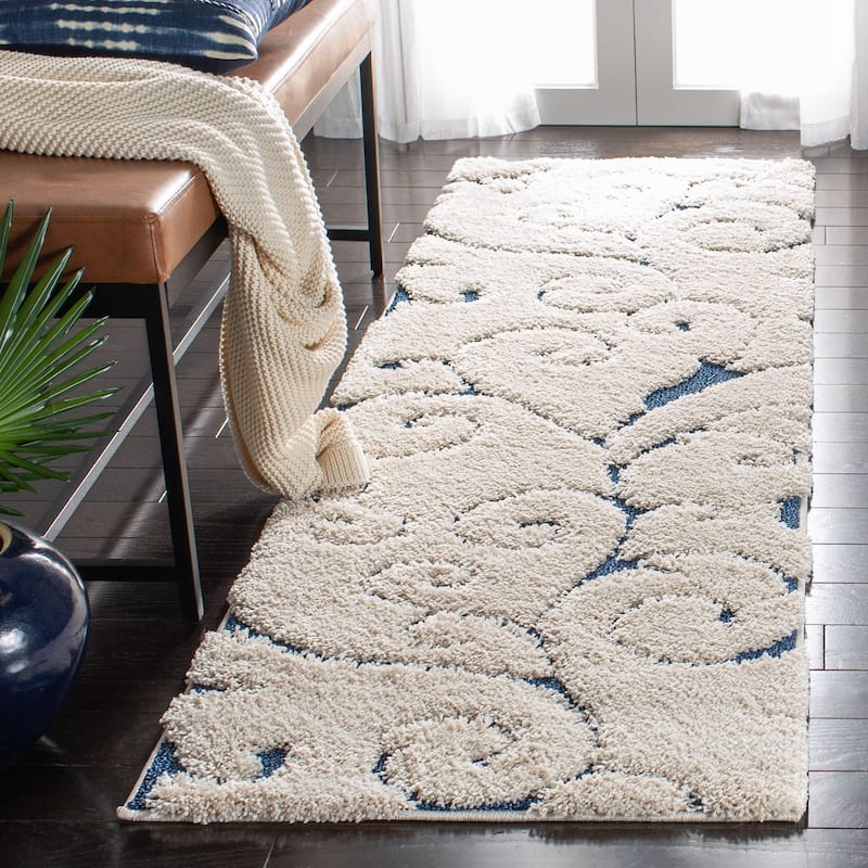 SAFAVIEH Florida Shag Shahin Scroll 1.2-inch Thick Textured Rug - 2'3" x 7' Runner - Cream/Blue