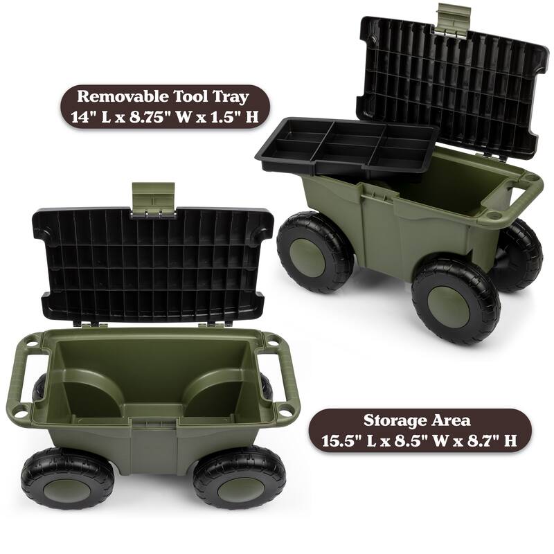Rolling Garden Cart with Seat - Plastic Storage with Bench and Interior Tool Tray by Pure Garden (Green)