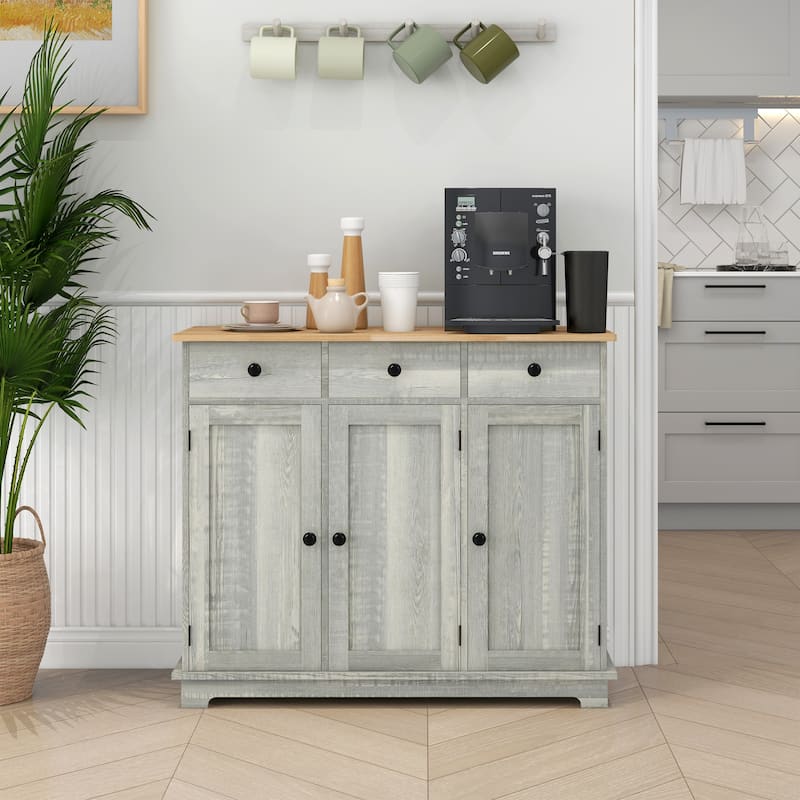 Sideboard with Solid Wood Countertop, Modern Kitchen Storage Cabinet, Coffee Bar Cabinet with 3 Drawers
