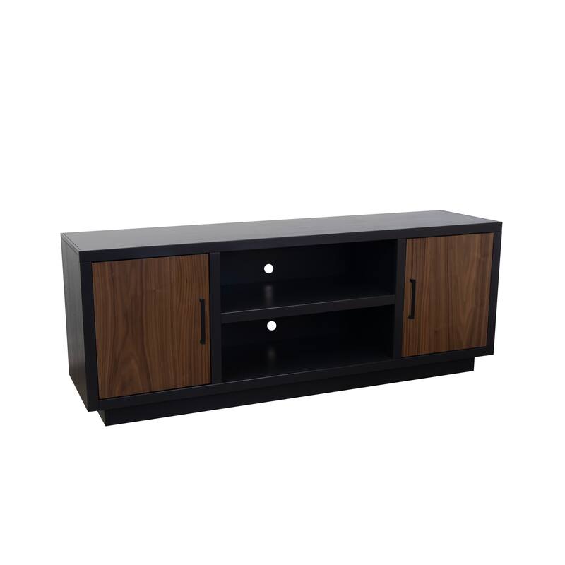 Bridgevine Home Aria 66 inch TV Stand for TVs up to 80 inches, No Assembly Required, Black and Walnut Finish