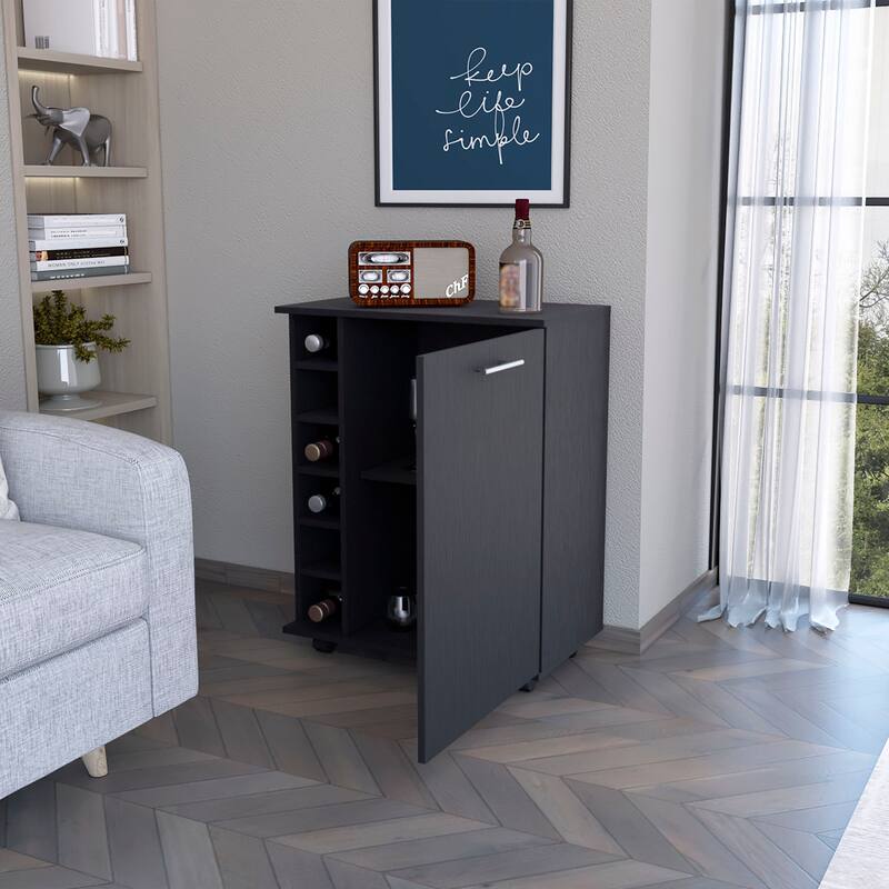 Black 6-Bottle Rack Bar Cart - Black