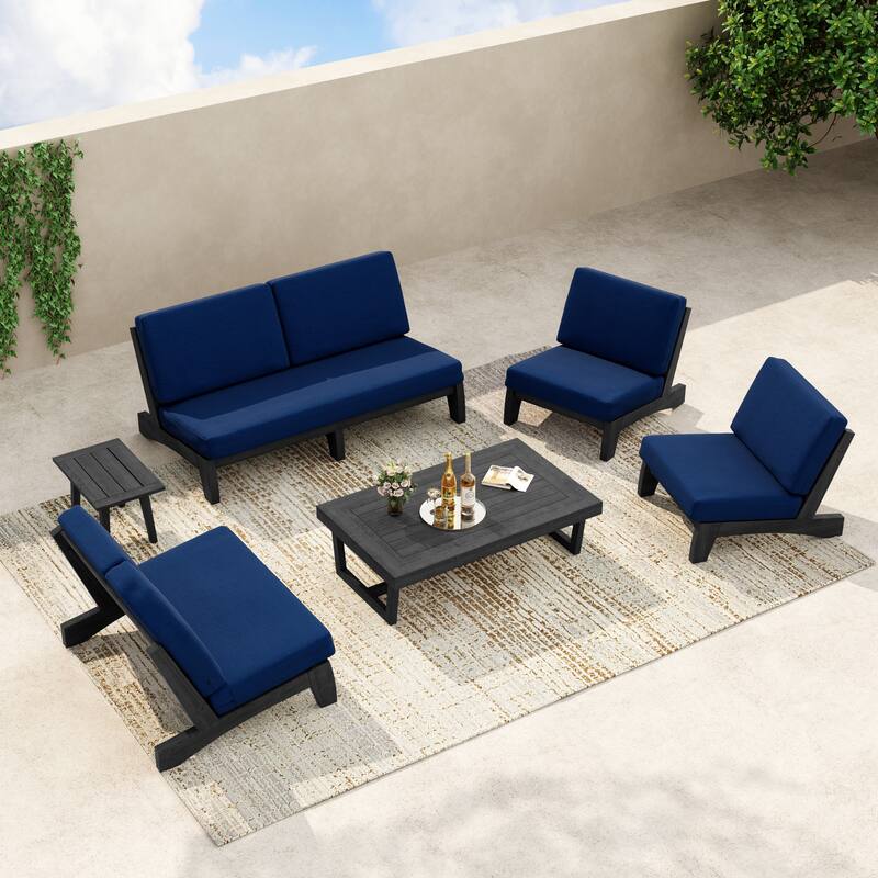 8-Piece Outdoor Sofa Set with Loveseat, 2 Club Chairs & Matching Tables - Blue/Black Wood - Separate cushion