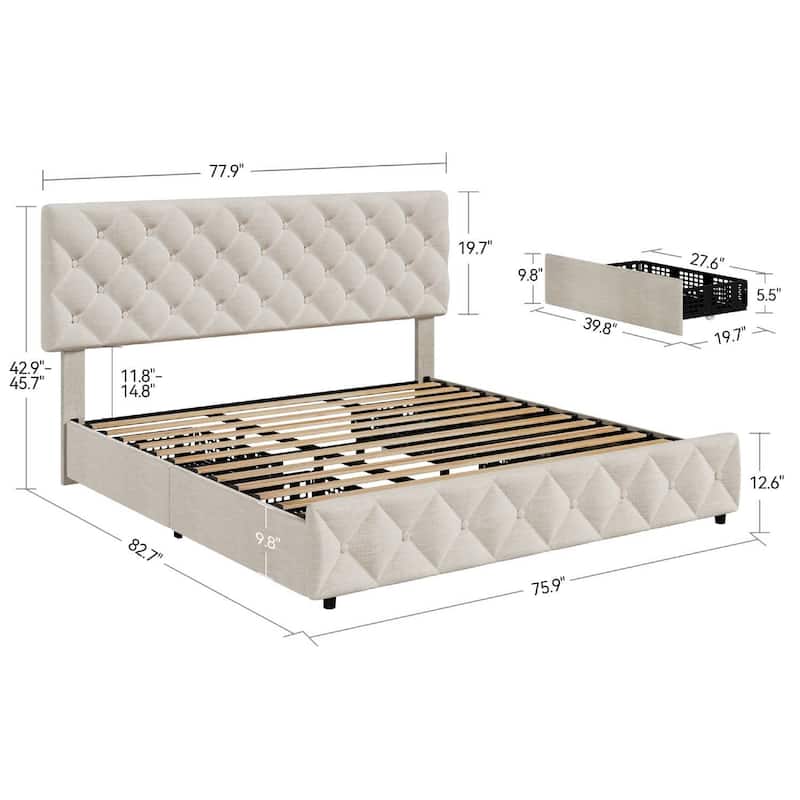 Bed Frame with 4 Storage Drawers and Adjustable Headboard