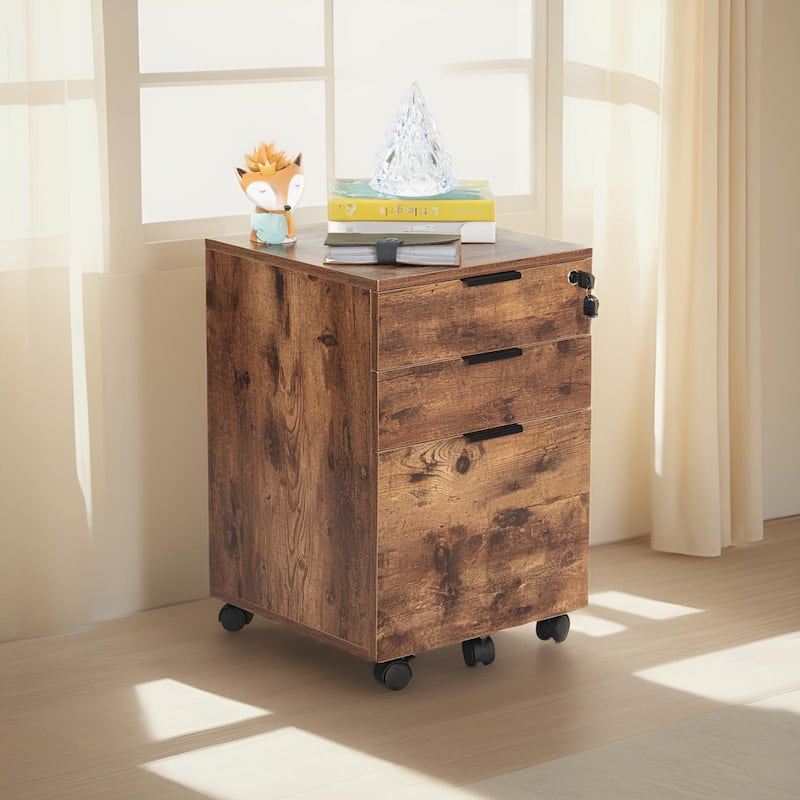 JJS 3 Drawer Rolling File Cabinet Wooden Storage with Lock & Wheels