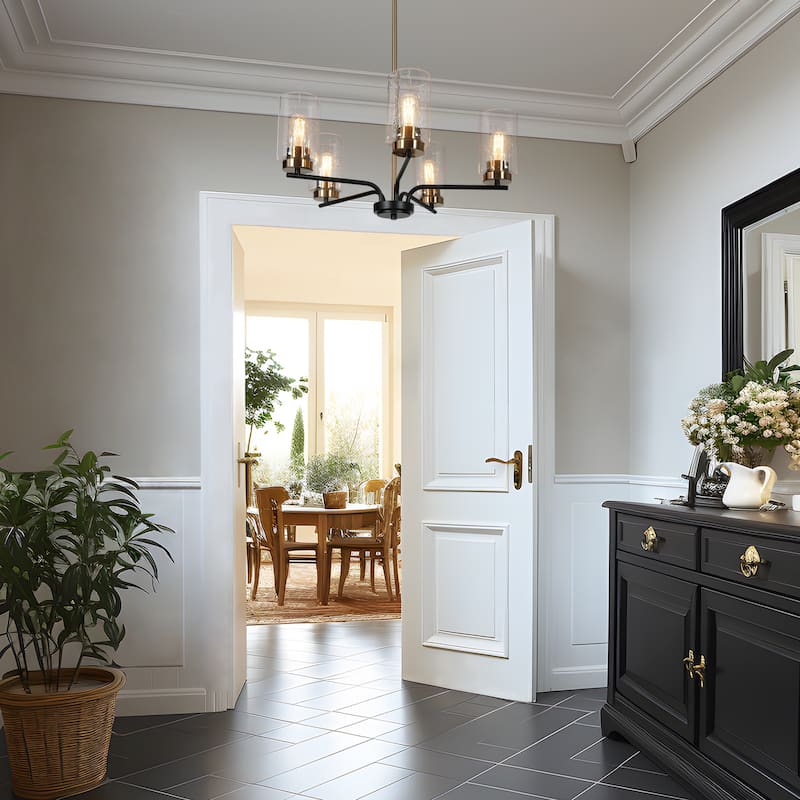 Modern Farmhouse 5-Light Black Gold Cylindrical Seeded Glass Shade Chandelier Wheel Pendant Lights for Dining Room - 24"D