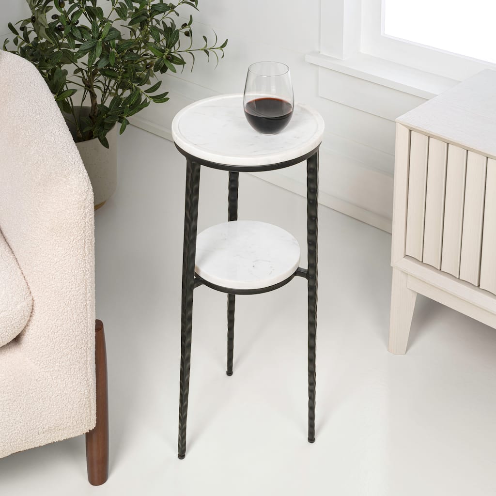 JONATHAN Y Seraphina 24.75″ 2‑Tier Metal Frame Drink & End Table w/ White Marble Round Top
