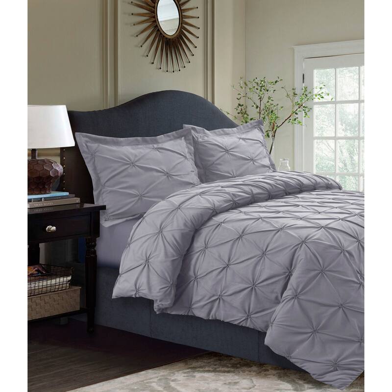 Sydney Oversized 3-piece Pintuck Duvet Cover Set - Silver Grey - Queen
