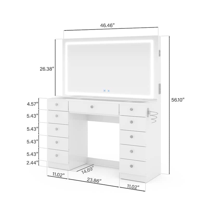 Boahaus Premium Makeup Vanity Desk Full-Width LED Mirror, Bluetooth Speakers 11 Drawers