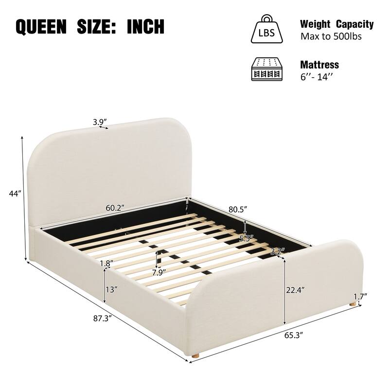Beige Linen Upholstered Bed Curved Headboard Wingback Frame Low Profile Platform Bed