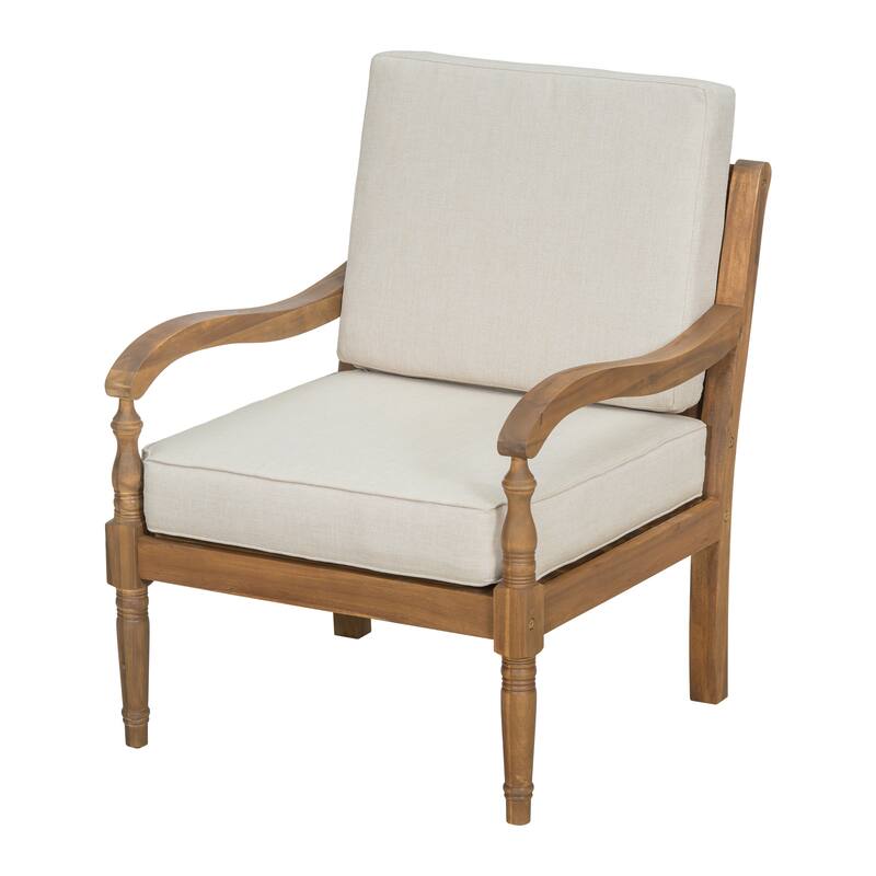 Roomfitters Outdoor Acacia Wood Club Chair with Waterproof Cushions, Lattice Back Patio Seating, Natural and Beige