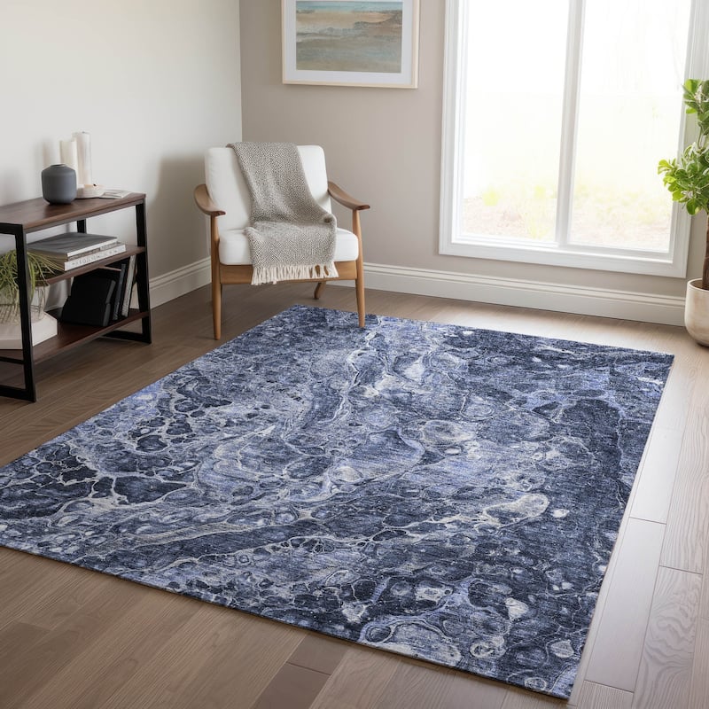 Machine Washable Indoor/ Outdoor Chantille Abstract Watercolor Rug - Navy - 8' x 10'