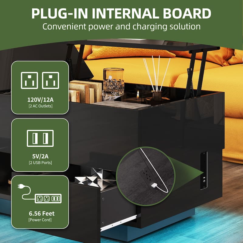 Moasis Modern Glossy Lift Top Coffee Table with Drawers and Hidden Compartment