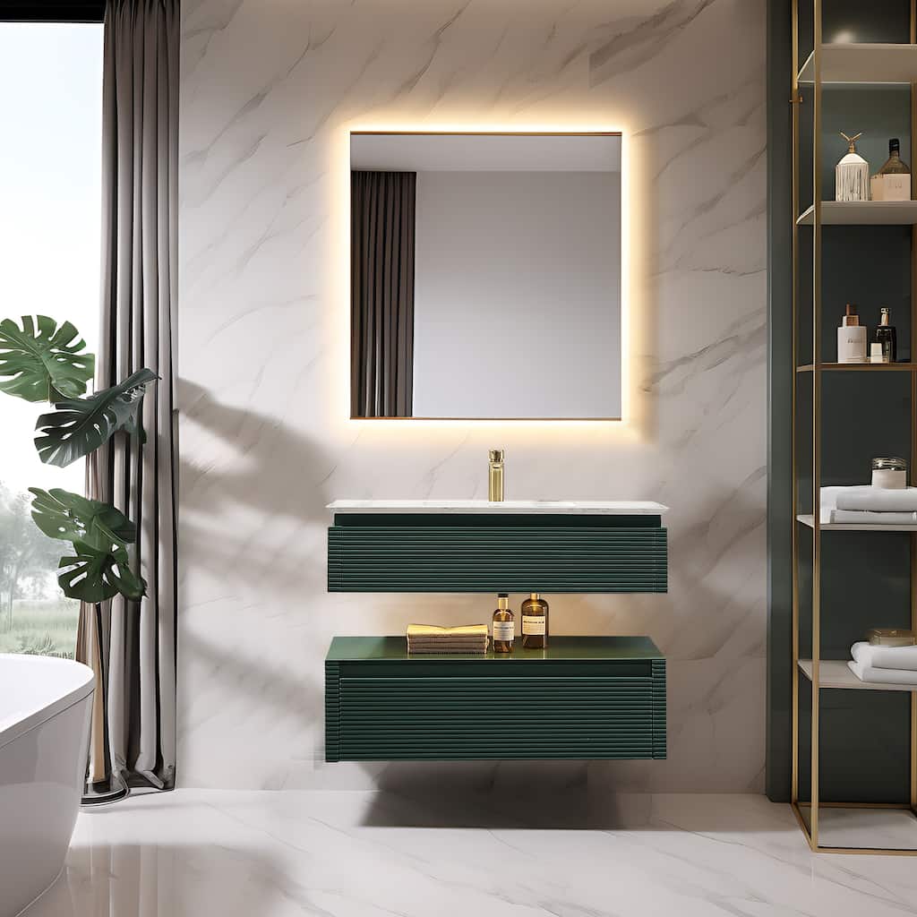 Modland 36/48 Inch LED Floating Vanity with Marble Top & Soft-Close Drawer - Green/White, Wall Drain Ready