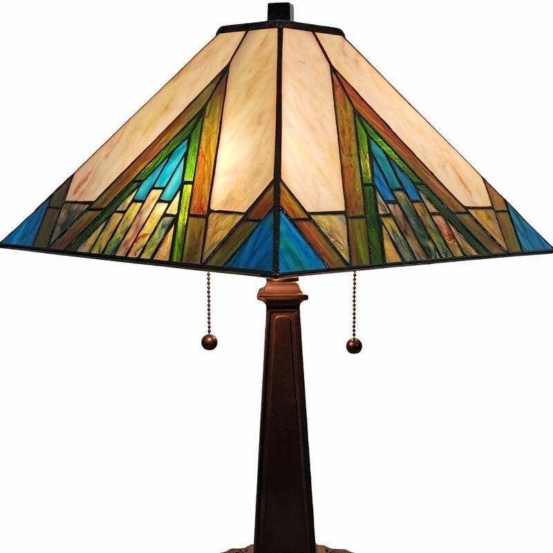 HomeRoots 23" Stained Glass Handcrafted Pyramid Style Two Light Mission Style Table Lamp - 21 x 22 x 11