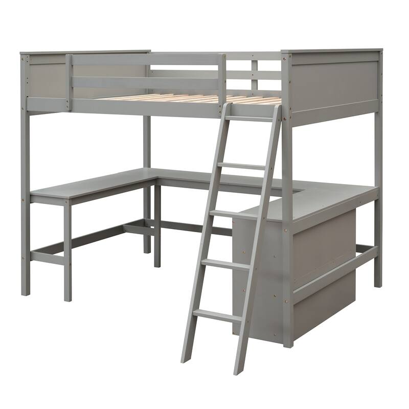 Full Pine Loft Bed with Desk, Shelves, and Guardrails