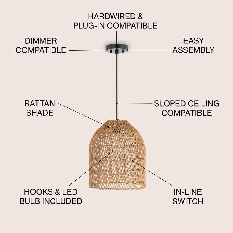 Lucas 1-Light Farmhouse Coastal 180" Cord Plug-In or Hardwired LED Pendant, by JONATHAN Y