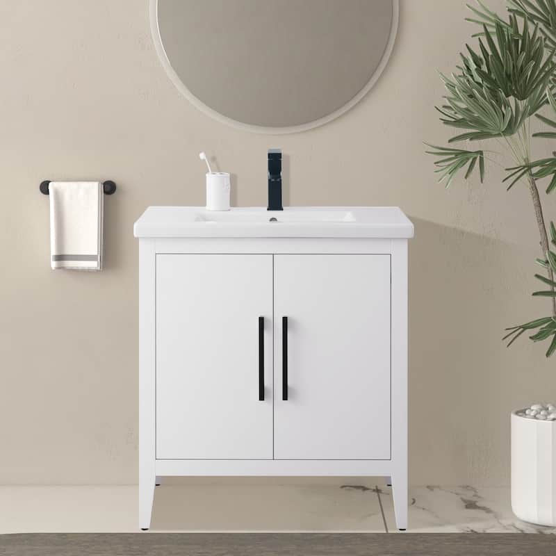 Vanity Art 20" or 24" or 30" Single Sink Bathroom Vanity Cabinet with Ceramic Top - 30"/Matte Black - White