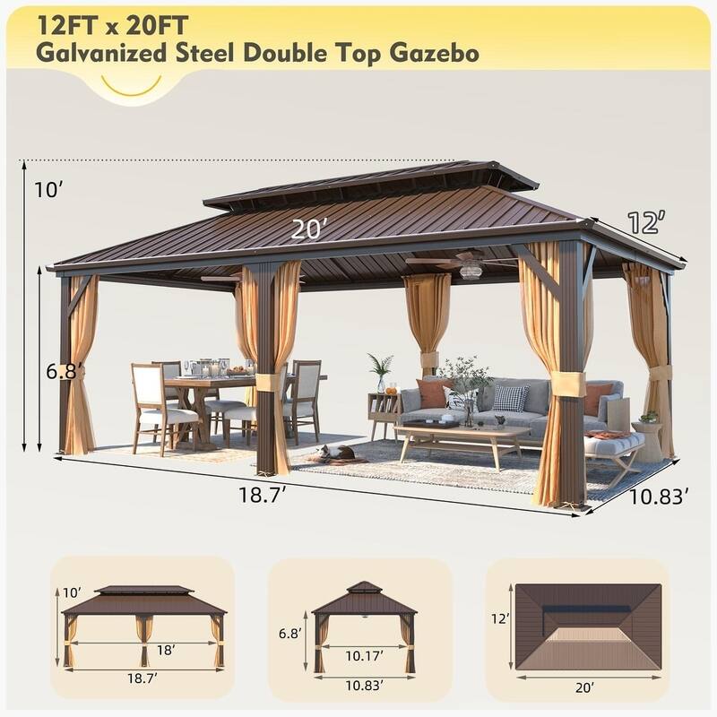 Outdoor Hardtop Gazebo with Double Galvanized Steel Roof & Aluminum Frame, Featuring Curtains and Netting for Added Comfort