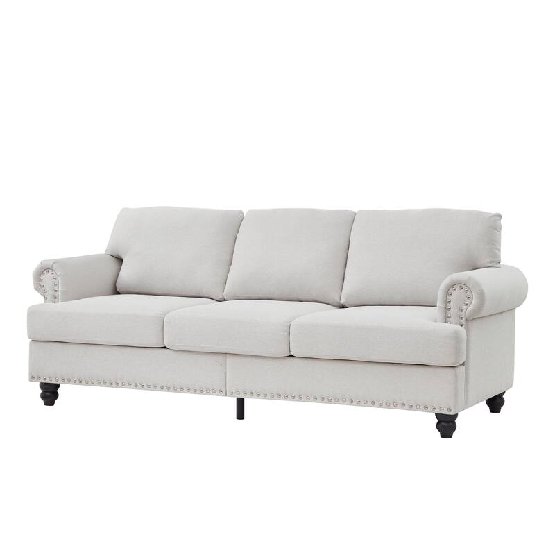 Modern 3 Seater Lounge Couch Deep Seat Upholstered Sofa with Hidden Storage, Round Armrests with Silver Nailhead Trim