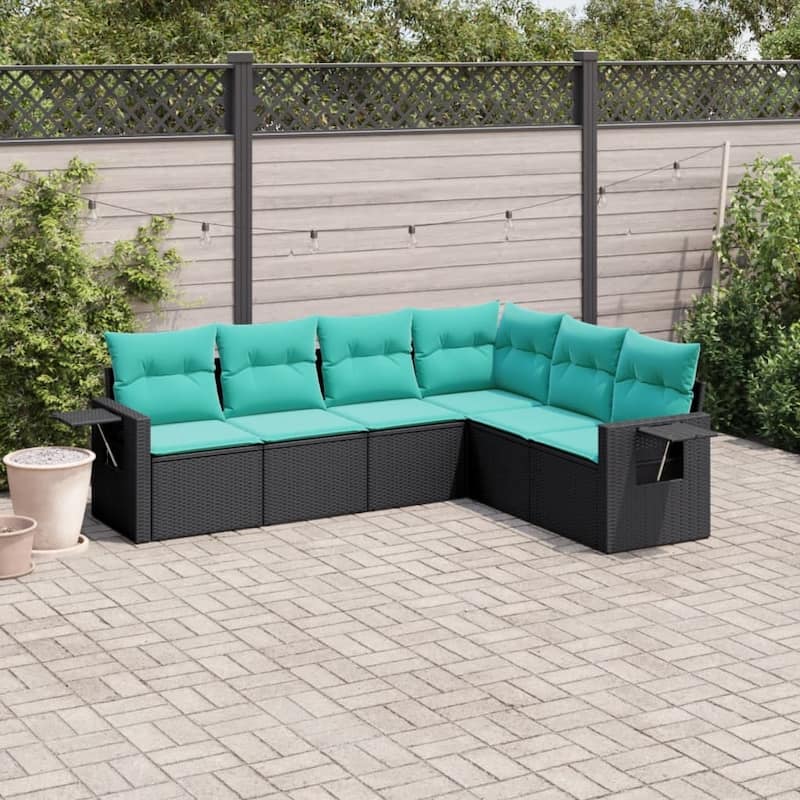 vidaXL 6 Piece Patio Sofa Set with Cushions Black Poly Rattan - 24.4x27.2x24.4-Without table
