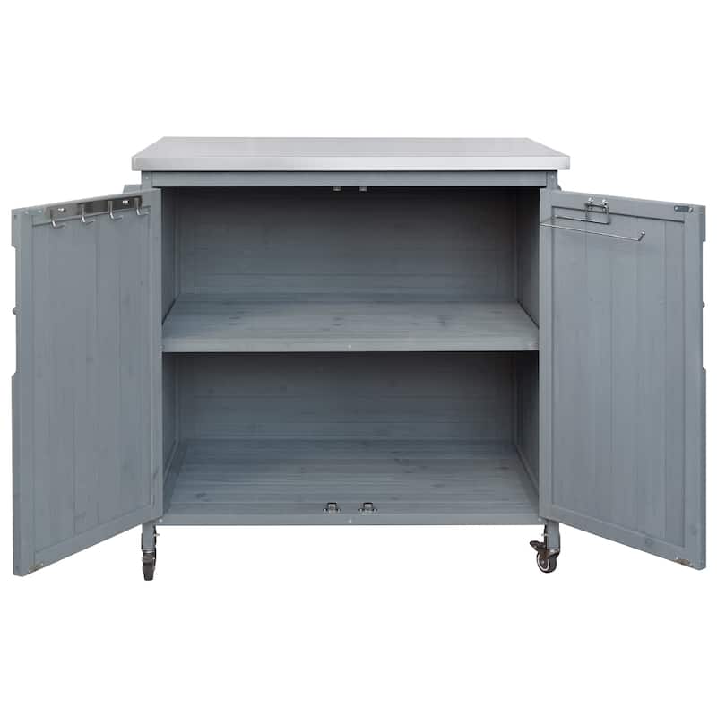 42.1" Outdoor Kitchen Island with Side Shelf, with Storage Cabinet, Outdoor Kitchen Cabinet, Adjustable Shelf and 4 Wheels