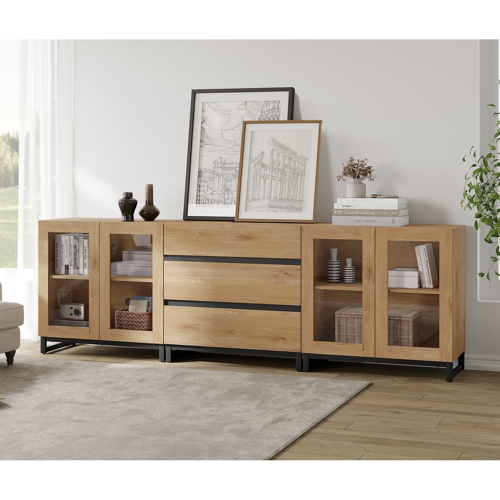 WAMPAT 3 in 1 Modern Dresser with Glass Doors and 3 Drawers, Chest of Drawers for Bedroom