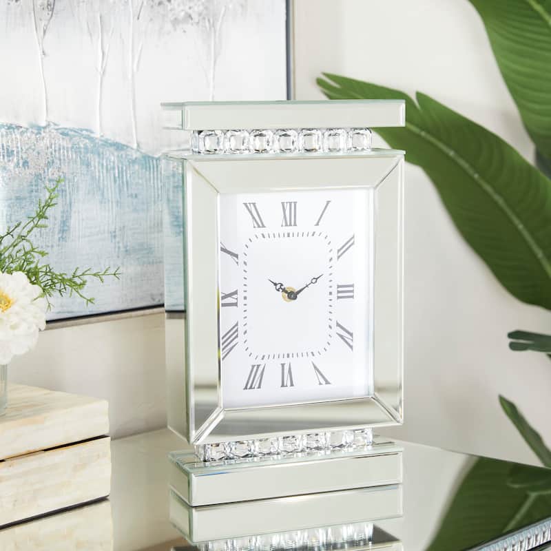 Glass Mirrored Clock with Crystal Embellishments - Silver - Roche River Decor - 3"W x 8"L x 14"H