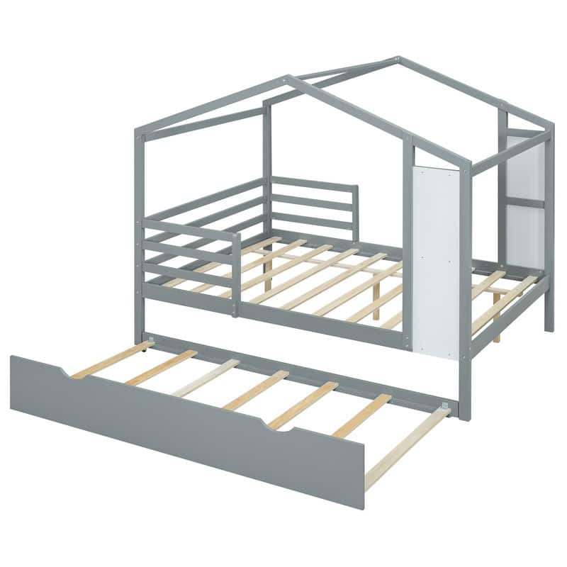 Full Size Wood House Bed with Fence and Writing Board