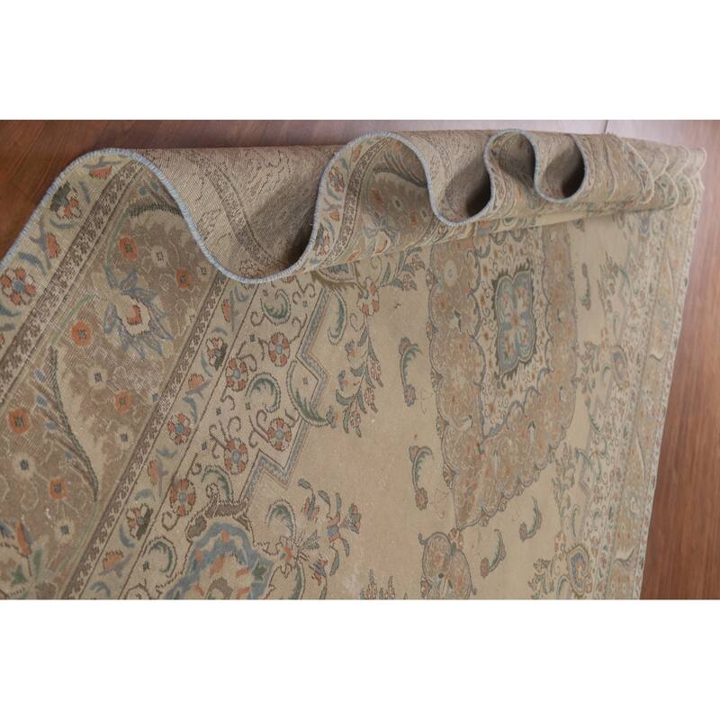 Hand Knotted Oriental 100% Wool Carpet Traditional Medallion Beige & Ivories Tabriz Area Rug - 12' 7'' X 9' 10''
