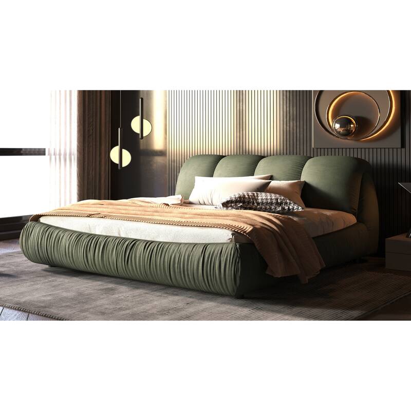 King Size Upholstered Bed Frame with Extra-Wide Cushioned Headboard, Solid Pine Slats & Adjustable Mattress Height