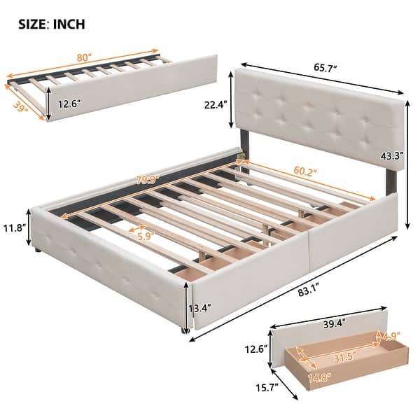 dimension image slide 2 of 3, Upholstered Platform Bed with Drawers and Trundle, Queen Size, Linen Fabric, for Bedroom
