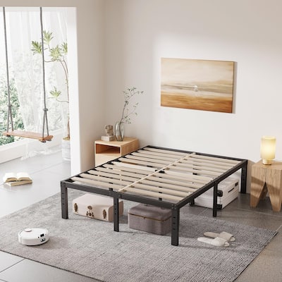 16 Inch Black Metal Platform Bed Frame With Wood Slats Support