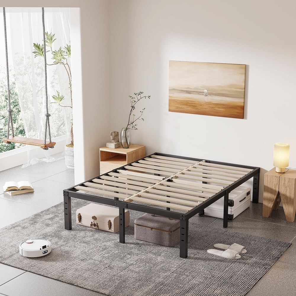 16 Inch Black Metal Platform Bed Frame With Wood Slats Support