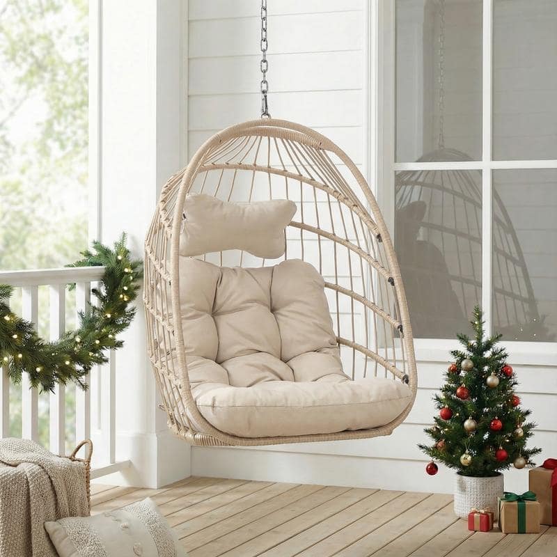 Indoor Hanging Egg Chair Without Stand, 350 lbs Capacity, Wicker Egg Swing Chair with Cushion for Living Room and Bedroom - Beige