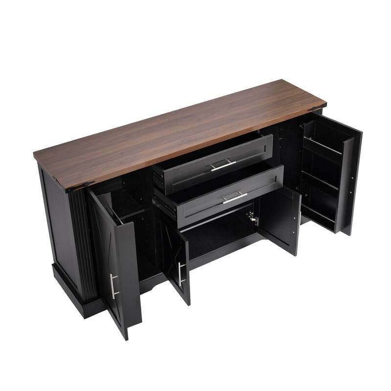 Farmhouse Storage Cabinet Buffet Sideboard with Barn Doors, 2 Drawers, Adjustable Shelves & Door Racks, Coffee Bar Console