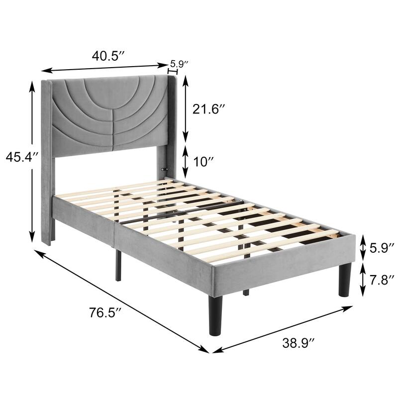 Javlergo Upholstered Platform Bed Frame with Modern Wingback Headboard, Dark Grey