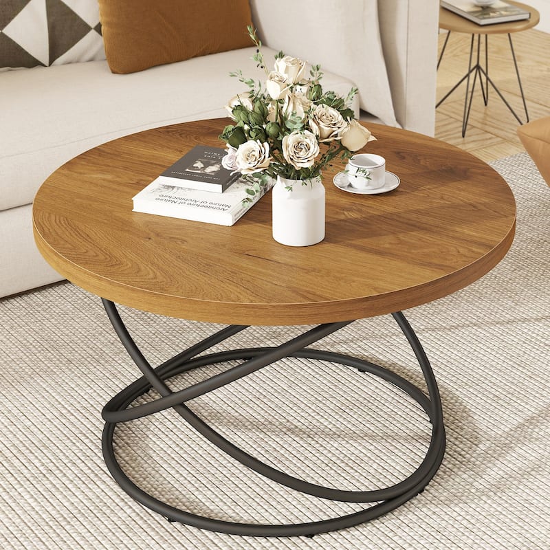 Tempered Glass Top Round Coffee Table with Metal Base