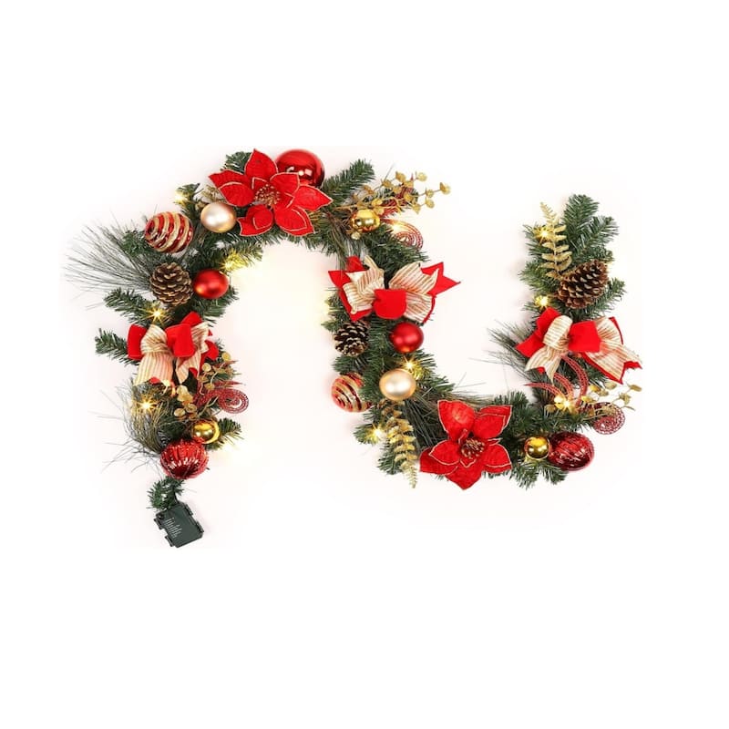 6 ft Pre-Lit Christmas Garland Battery Operatedwith 20 Lights & Timer - N/A - Red