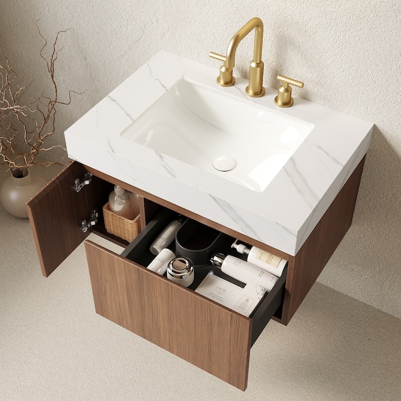 Floating Bathroom Vanity with Sintered Stone Top & Undermount Ceramic Basin with Three Pre-drilled Faucet Holes